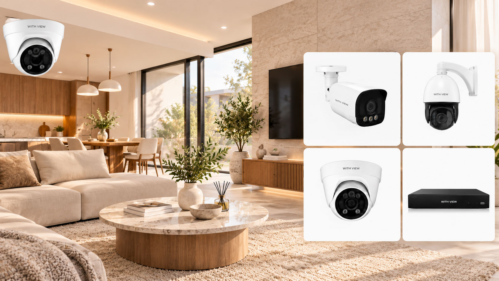 cctv-home-interior-product-lineup 실내용 돔, 실외용 불렛, 회전형 PTZ, 고화질 녹화기 NVR 세트