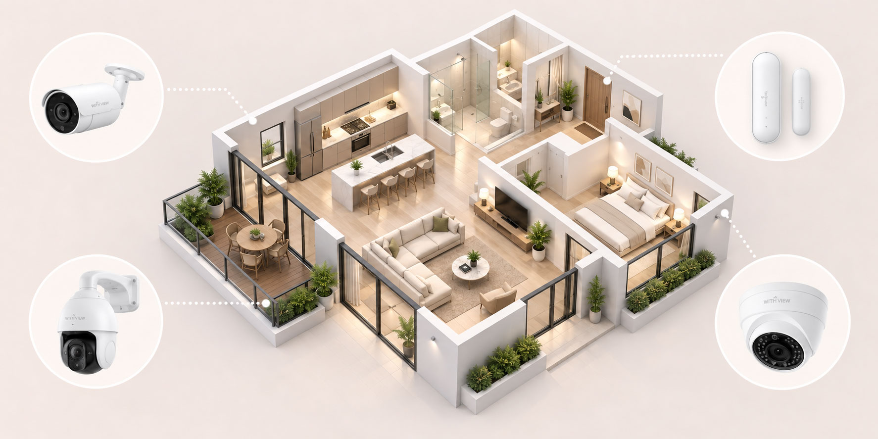 home-cctv-installation-layout-diagram 현관 도어센서, 거실 돔카메라, 테라스 PTZ 회전카메라, 외벽 방수 불렛카메라