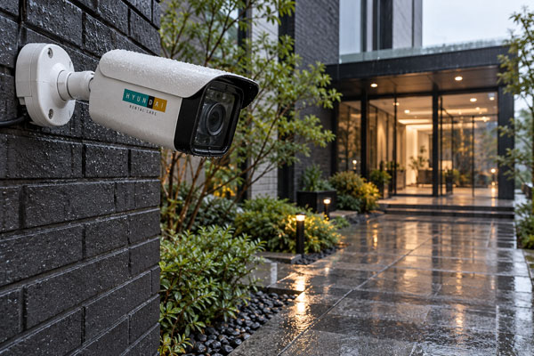 비에 젖은 건물 출입로를 향해 외벽에 설치된 현대렌탈케어 실외 불릿형 CCTV 예시