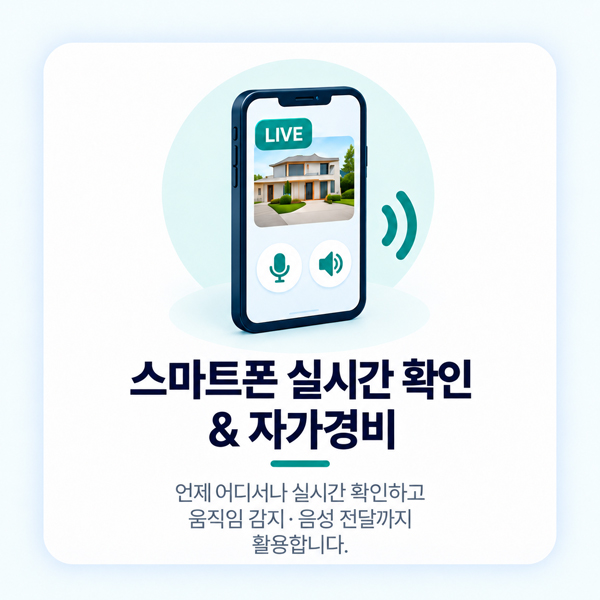 hyundai-rentalcare-cctv-mobile-monitoring 현대렌탈케어 CCTV 스마트폰 실시간 확인 및 자가경비 안내. 스마트폰 화면과 마이크·스피커 아이콘으로 영상 확인, 움직임 감지와 음성 전달 기능을 표현