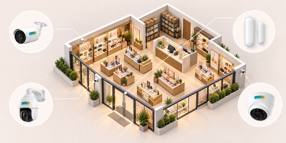 hyundai-rentalcare-store-cctv-security-system 출입구·계산대·상품 진열대·재고실이 보이는 매장 입체 조감도에 현대렌탈케어 불릿형·회전형·돔형 CCTV와 문열림 센서를 배치해 매장 보안 구성을 보여주는 이미지